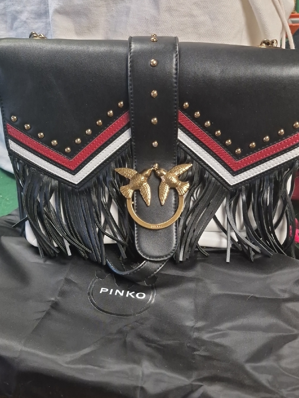 PINKO Red White & Black Fringe Crossbody Bag with Gold Chain& Bird Ring